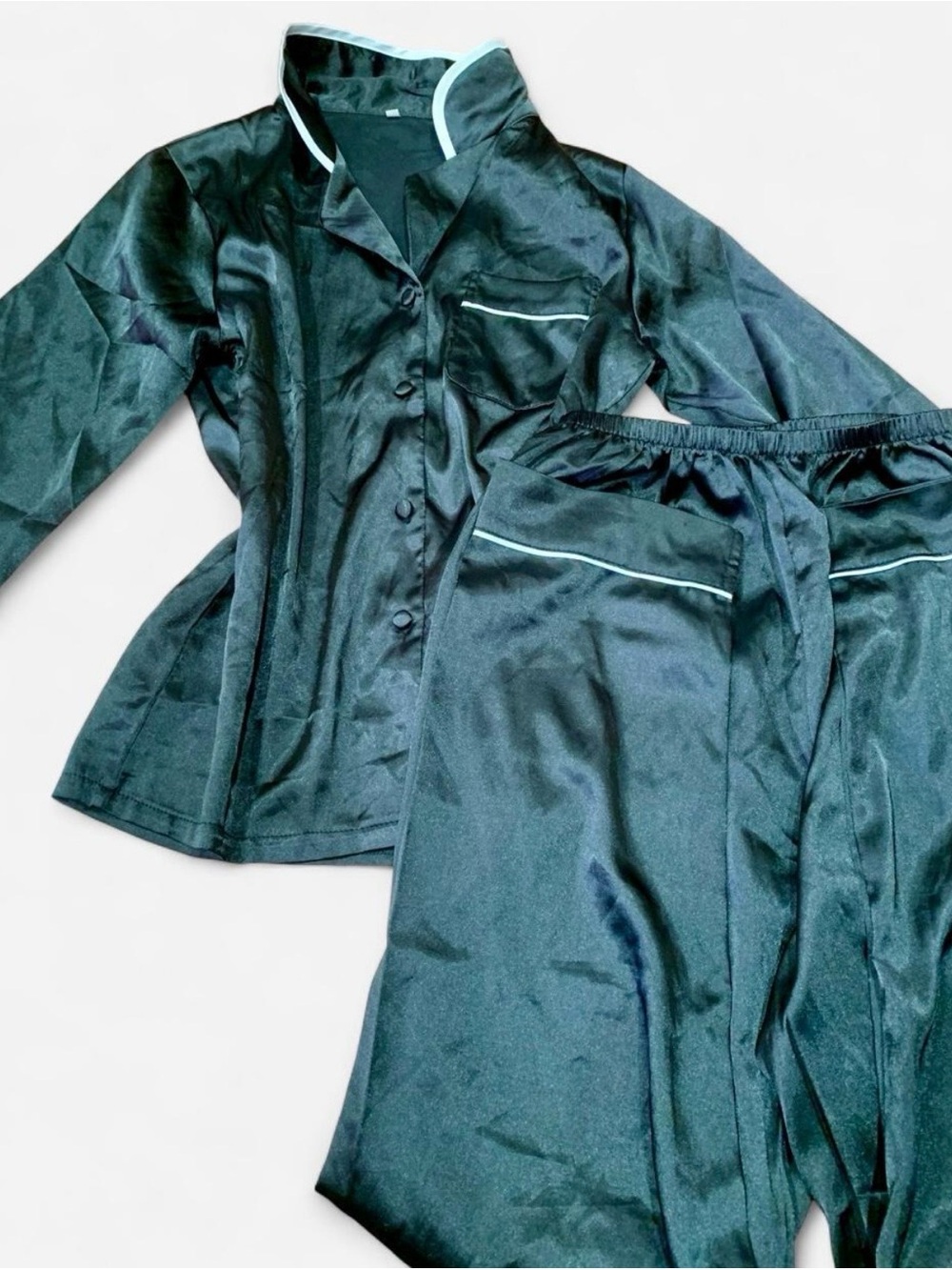 Satin Pajama Set with Contrast Piping - Dark Teal